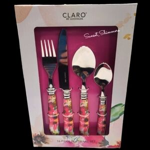 Godinger 16pc Spring Summer Foral Fork Knife Spoon Flatware Dining Decor Set New